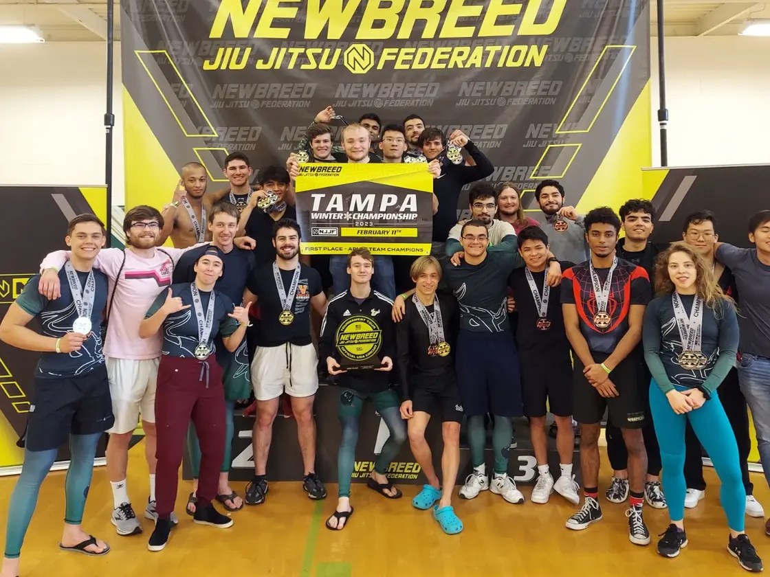 Competing with the USF Jiu-Jitsu team, adult team champions at the NewBreed Tampa Winter Championship, February 2023